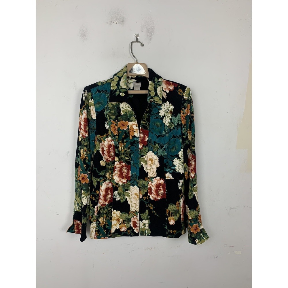 Chicos Women Blazer 1 Sz 8-10 Dark Floral Forest Green‎ Rose Romantic Date Night